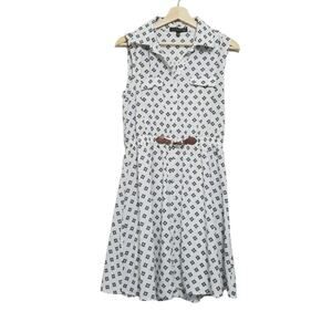 Always Indigo | Petite Geometric Pattern Button Front Short Sleeve Shirt Dress